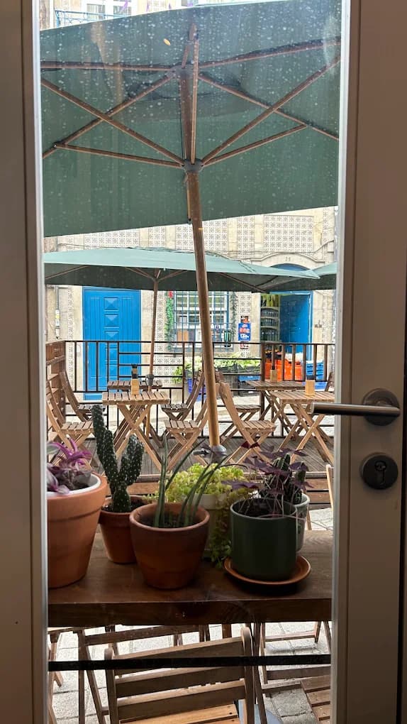 The terrace seen from Balta's door, with plants on the table and parasols