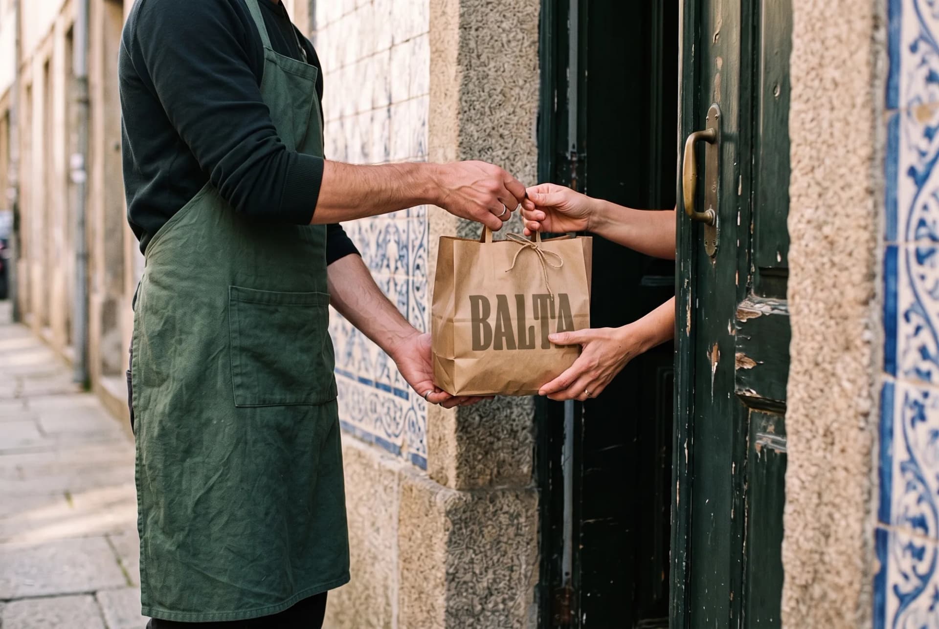 A Balta bag of breakfast being handed over at the door of a rental