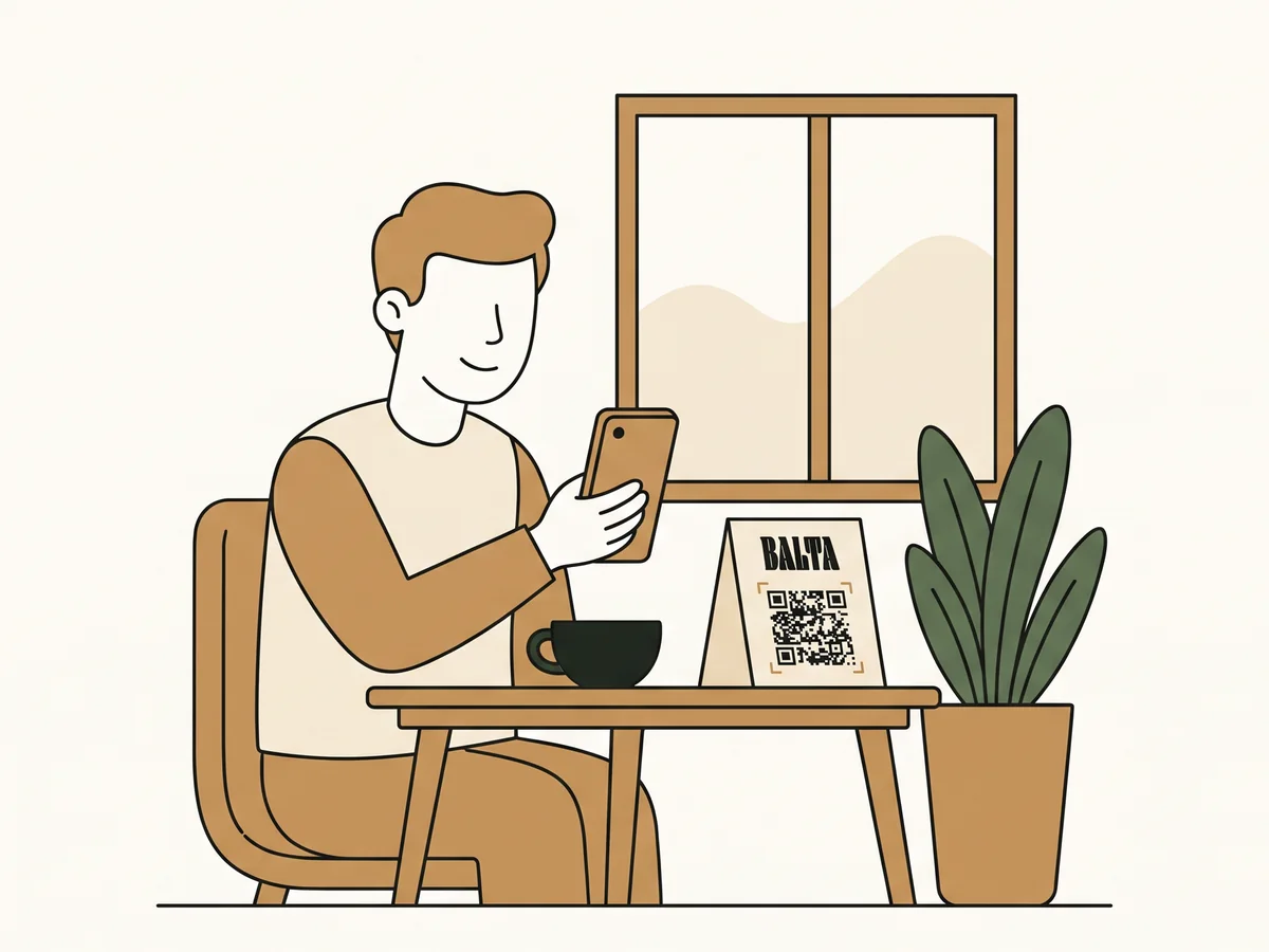 Illustration: a guest orders breakfast on their phone, with the Balta QR card on the table
