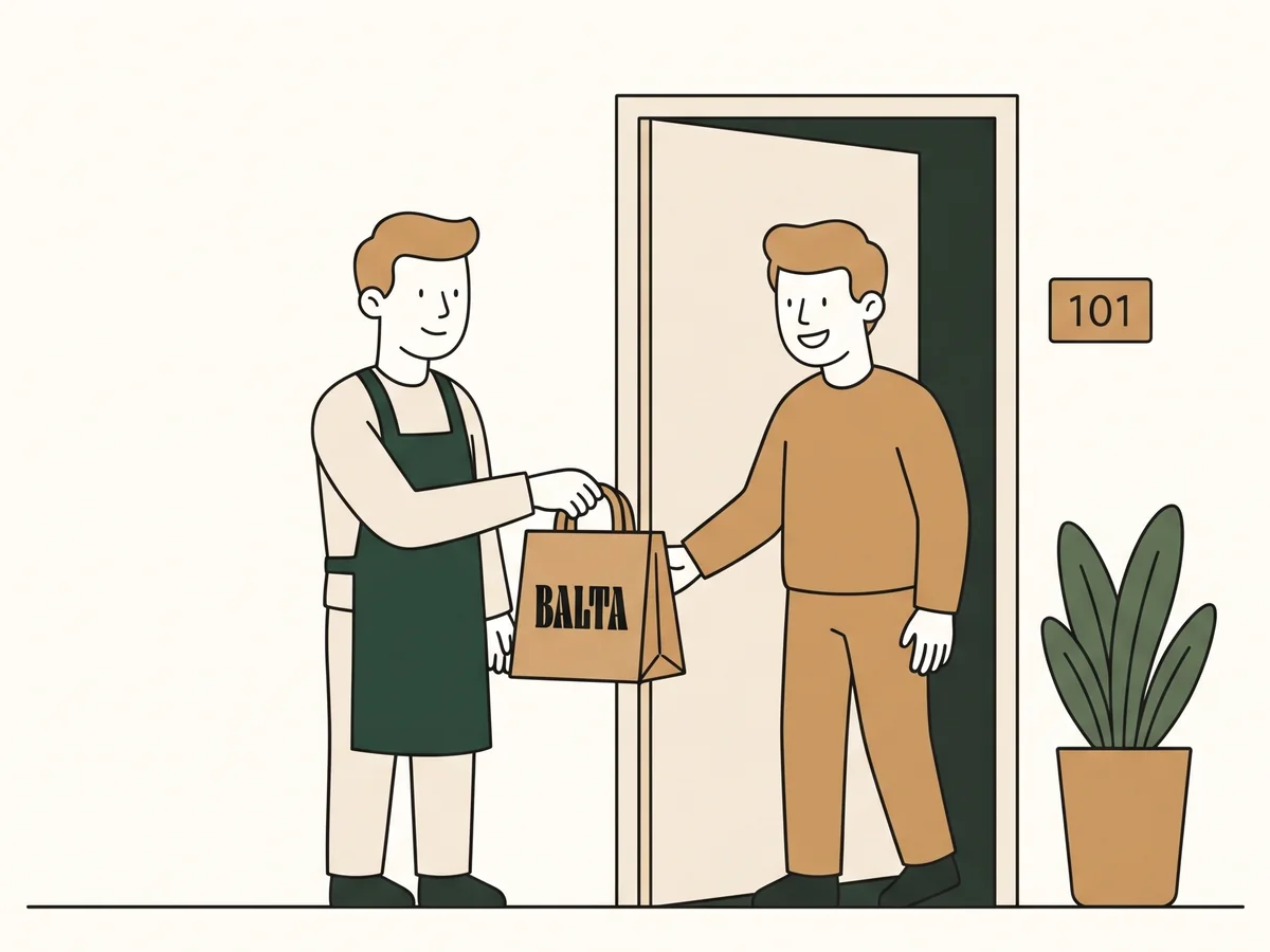 Illustration: the Balta courier hands the breakfast bag to the guest at the door