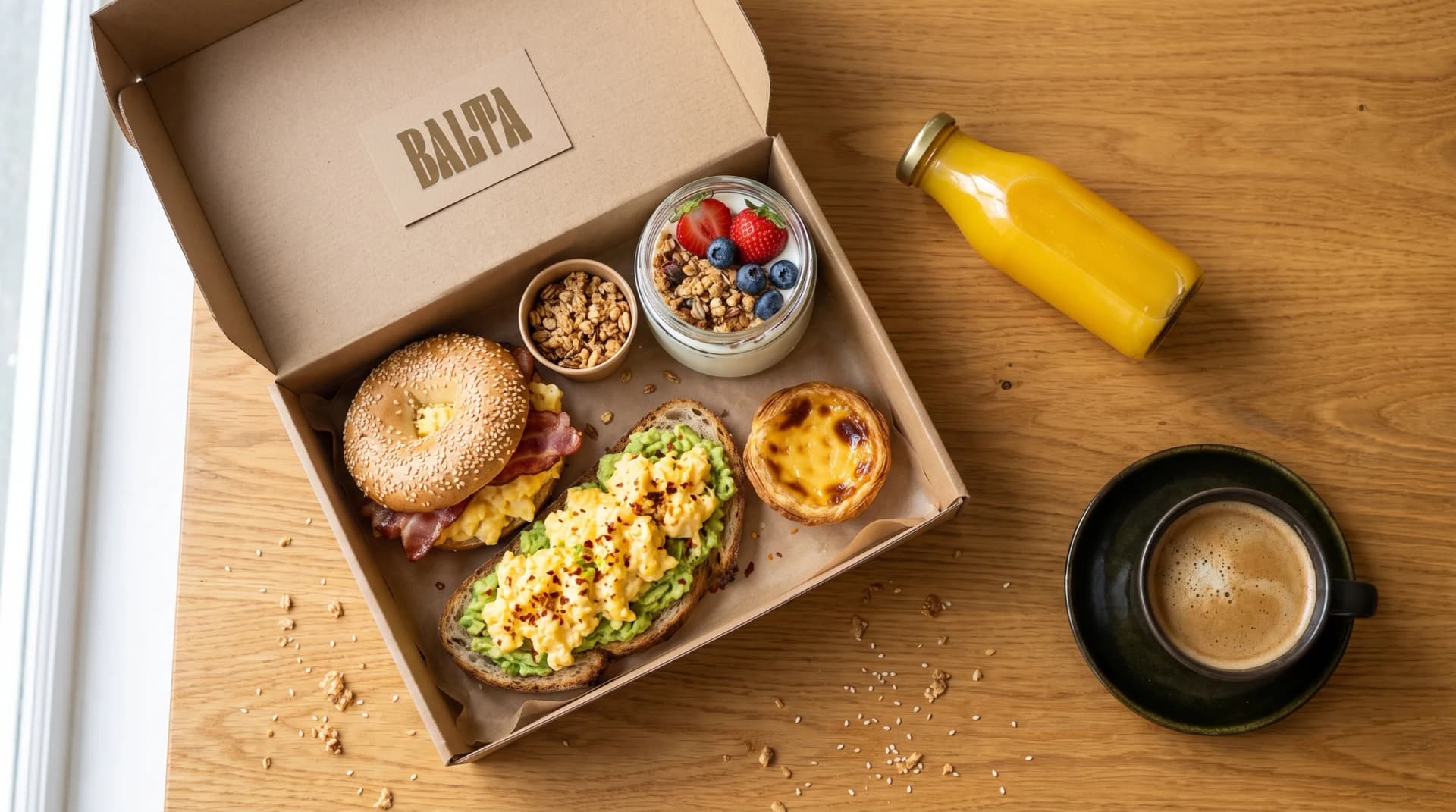 An open Balta breakfast box on the table, with a bagel, avocado toast with eggs, granola, yoghurt with berries, a pastel de nata, orange juice and coffee